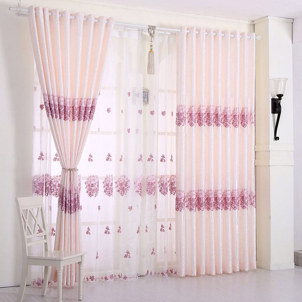 Modern Pink Embroidery Floral Sheer Curtains for Living Room Bedroom Decoration Custom 2 Panels Polyester Breathable Voile Drapes No Pilling No Fading No off-lining