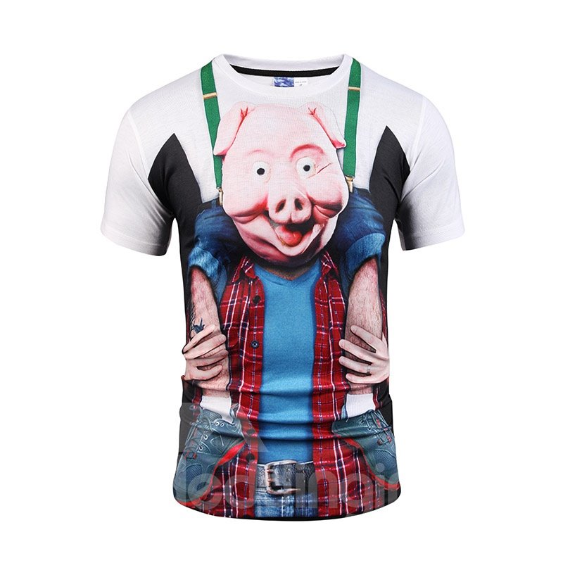 Camisetas 3D de hombre casual con cuello redondo de poliéster con estampado de cerdo rosa 