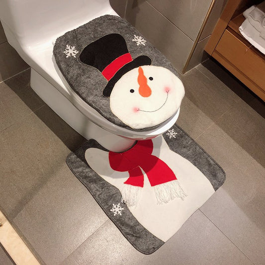 Christmas SnowmanToilet Seat Covers Set Christmas Decoration Floor Mat Toilet Cover Flannel PVC Soft and Anti-slid