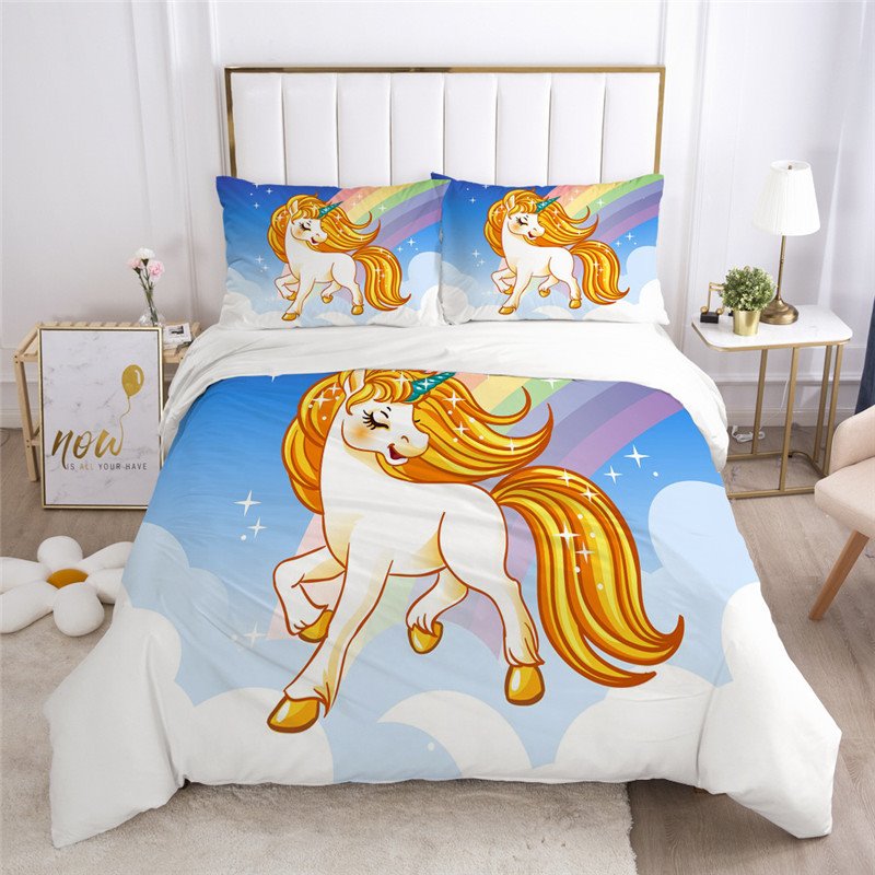 Cartoon Unicorn 3-Piece Bedding Set Soft Skin-friendly Polyester Gift for Girls Bedroom
