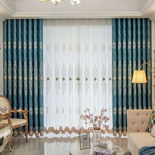 Embroidery Blue Blackout Curtains Elegant Luxury Window Curtains for Living Room Bedroom Custom Set of 2 Panels Drapes