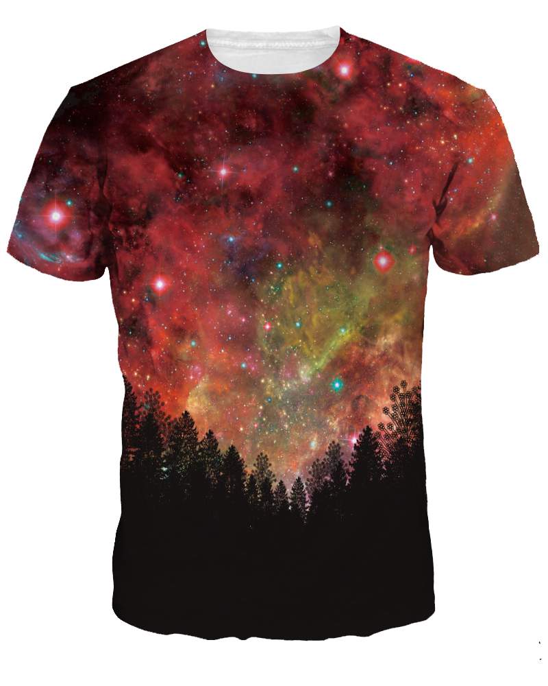 Bright Round Neck Galaxy and Tree Pattern 3D Painted T-Shirt
