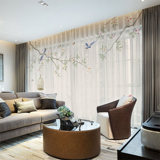 Durchsichtige Vorhänge mit 3D-Druck, Pflanzen und Vögeln, Dekoration, 2 Bahnen, Chiffon, durchsichtig, für Wohnzimmer, 30 % Schattierungsrate, kein Pilling, kein Ausbleichen, kein Ausziehen
