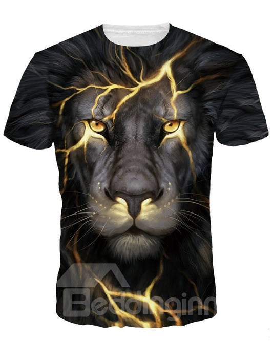 Camiseta pintada en 3D con cara de león y cuello redondo, ligera y de manga corta