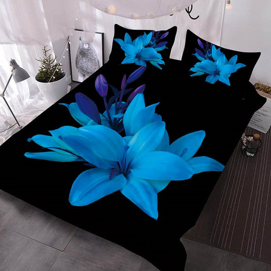 Juego de edredón y ropa de cama de 3 piezas con estampado de lirios azules reales en 3D, color negro 