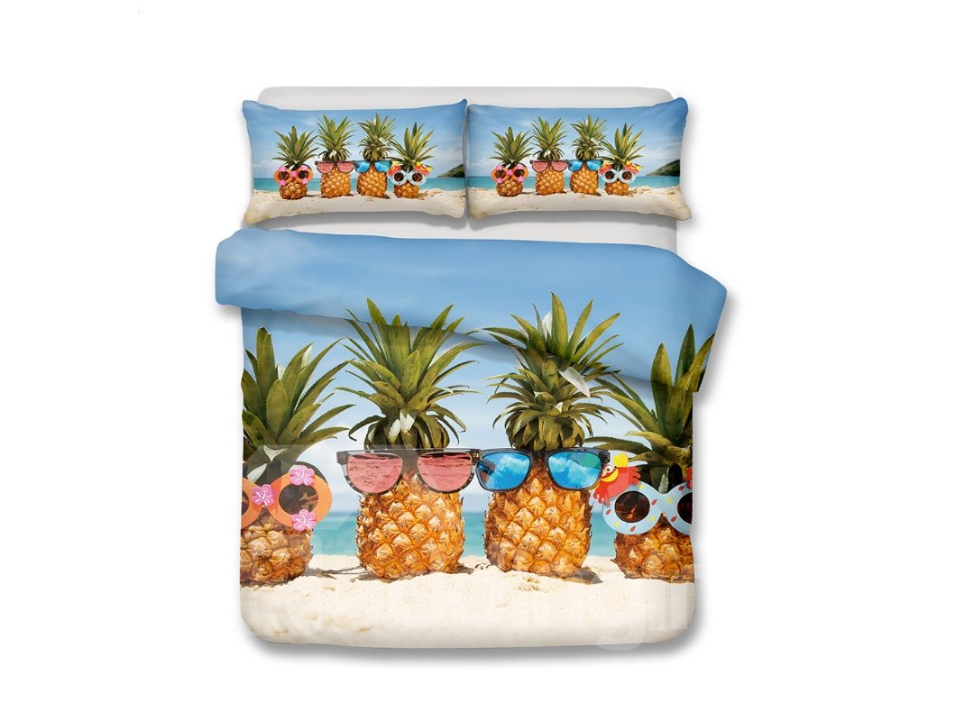 Pineapple Wearing Sunglasses Printed 3-Piece 3D Bedding Sets/Duvet Covers