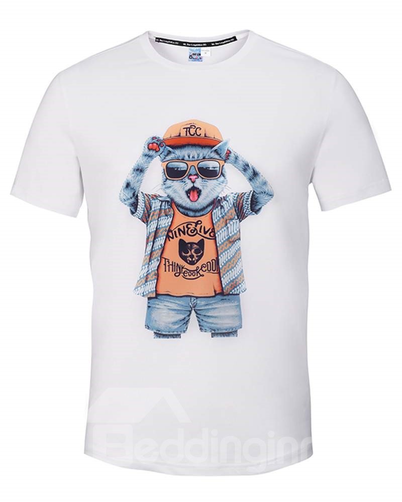 Camiseta Pintada en 3D Blanca con Patrón de Gato Fresco y Cuello Redondo de Moda