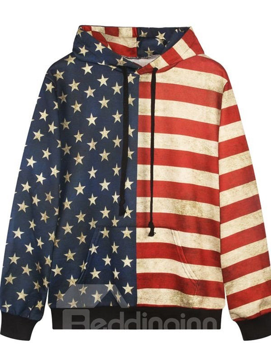 Sudadera con capucha pintada en 3D con bolsillo y patrón de estilo de bandera estadounidense de manga larga