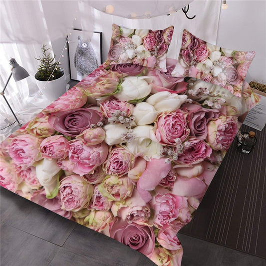 Juego de edredón floral de 3 piezas con ramos románticos de rosas rosadas en 3D, juego de cama de microfibra suave, cálido y ligero para todas las estaciones, 2 fundas de almohada