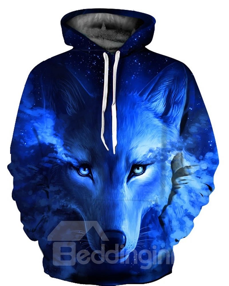 Langärmliger blauer Wolfs-Kapuzenpullover mit Tränenmuster und 3D-Bemalung