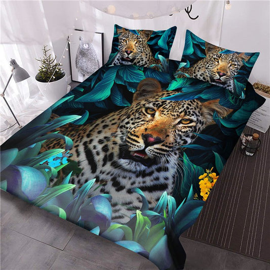 Leoparden-3D-Bettdecken-Set, 3-teiliges Bettwäsche-Set mit Tierdruck, Mikrofaser, ultraweich, lichtecht, Queen-Size-Größe, Grün