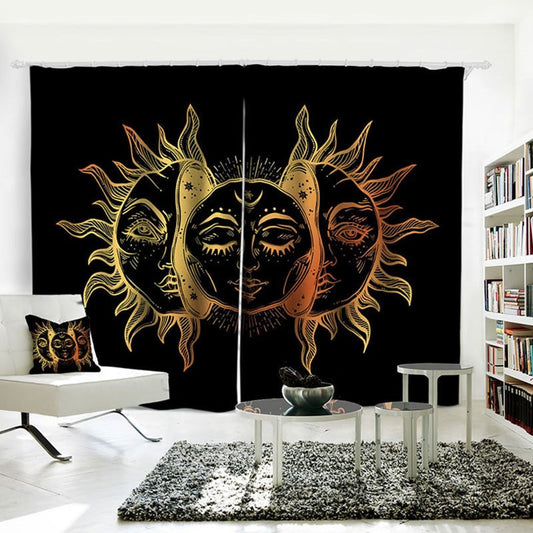 3D Scenery Curtains  Black Golden Sun Datura Printed Blackout Curtains Water-proof and Dust-proof Custom Curtain for Living Room Bedroom Window Decoration