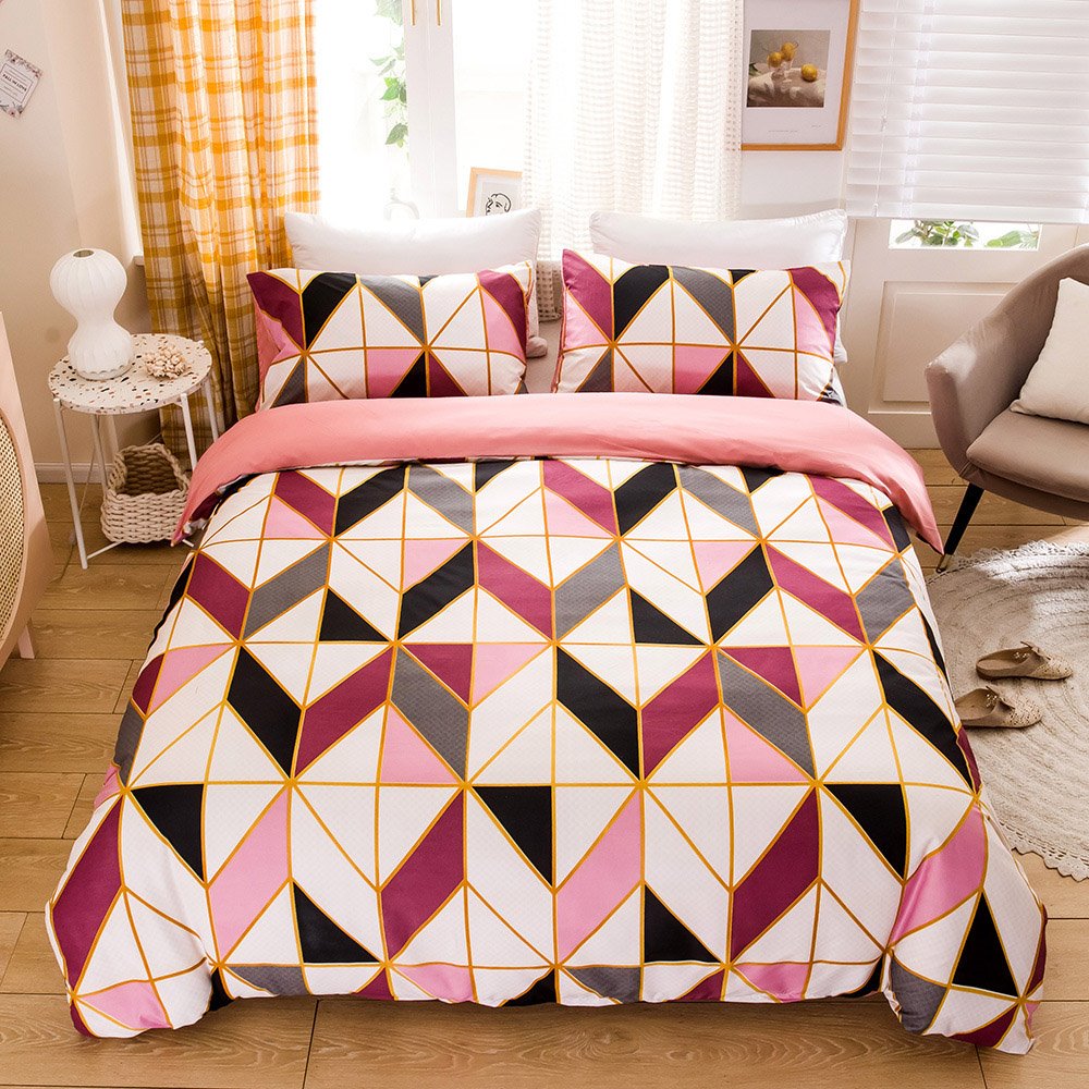 Simple Diamond Geometric Three-Piece Set Reactive Printing Duvet Cover Set Endurable Skin-friendly Polyester 2 Pillowcases Machine Wash