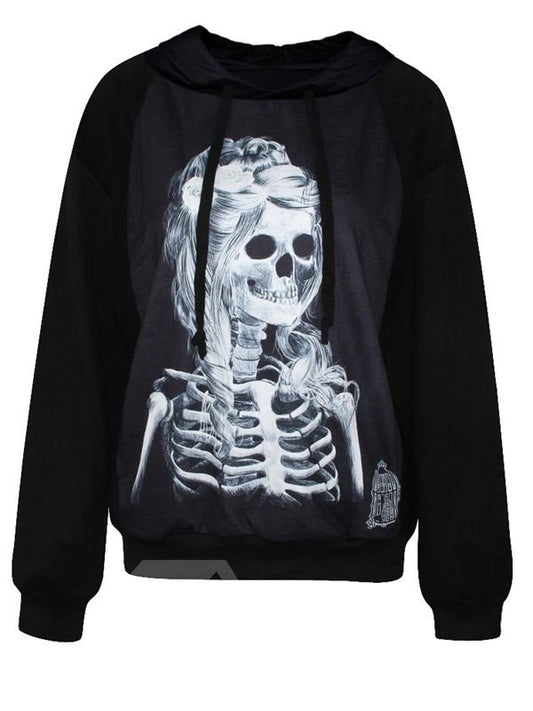 Sudadera con capucha pintada en 3D con estampado de chica calavera de manga bastante larga