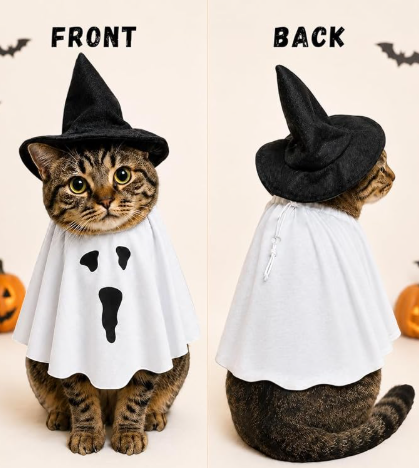 Piemow Cat Halloween Costumes, Ghost Cape & Witch Hat Outfit for Small Pet
