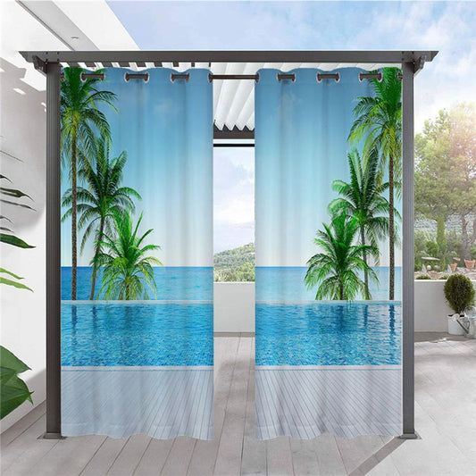 Moderne blaue Außenvorhänge, Kokosnussbaum, 3D-Meereslandschaft, Cabana, Ösenvorhang oben, wasserdicht, sonnenbeständig, wärmeisolierend, 2 Paneele 