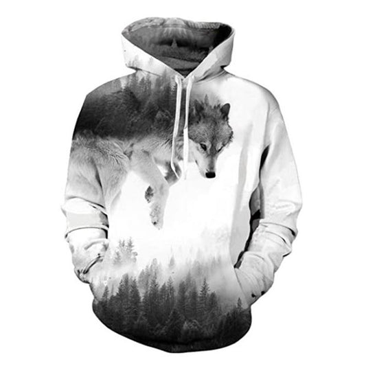 Snow Wolf in The Forest Pattern On White Unisex 3D Print Hoodie Pullover Pockets Long Sleeve Hoodie Costume Sweatshirt for Women Men