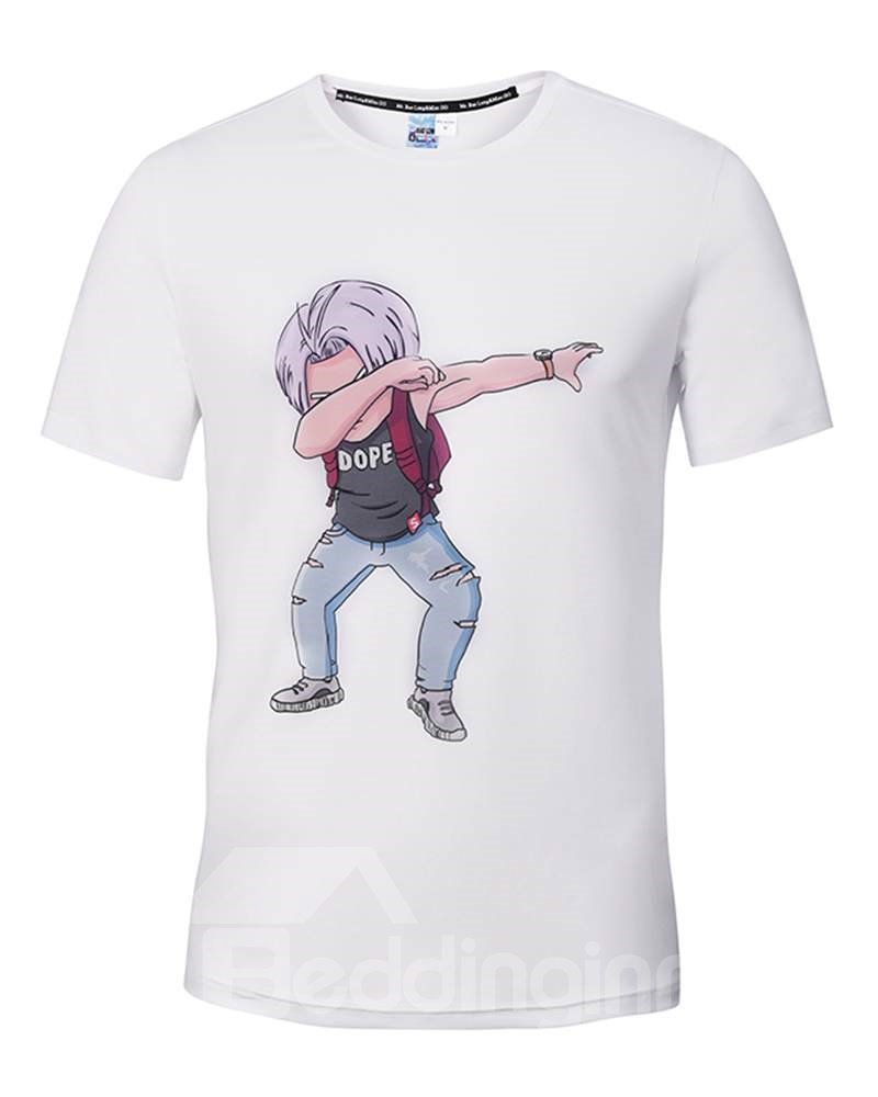 Camiseta blanca pintada en 3D con patrón de baile de hombre de dibujos animados con cuello redondo lindo