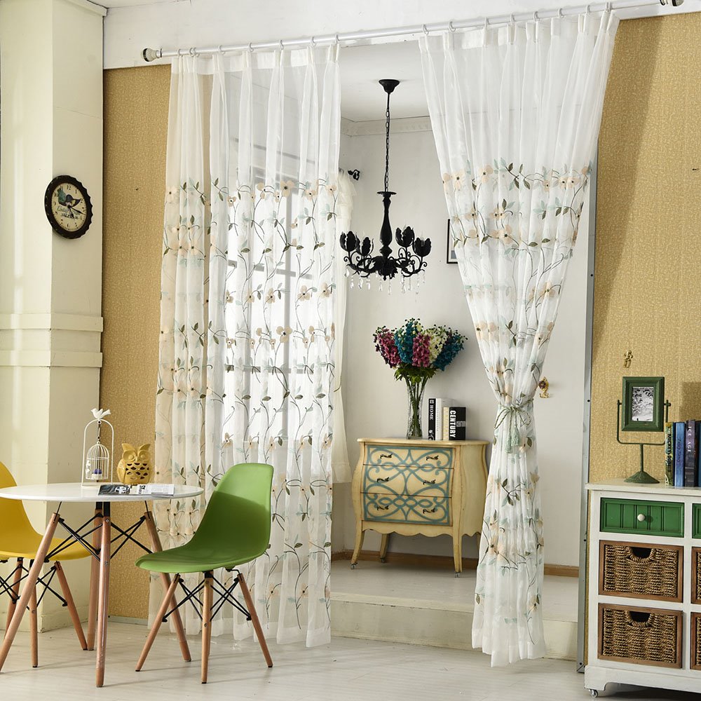 Cortinas transparentes florales con bordado moderno para sala de estar, dormitorio, poliéster, personalizadas, 2 paneles, cortinas de gasa transpirables, sin pelusas, sin decoloración, sin forro 