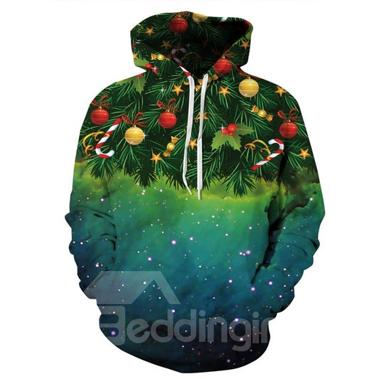 Christmas Tree Galaxy Star Long Sleeve Green Pattern 3D Painted Hoodie