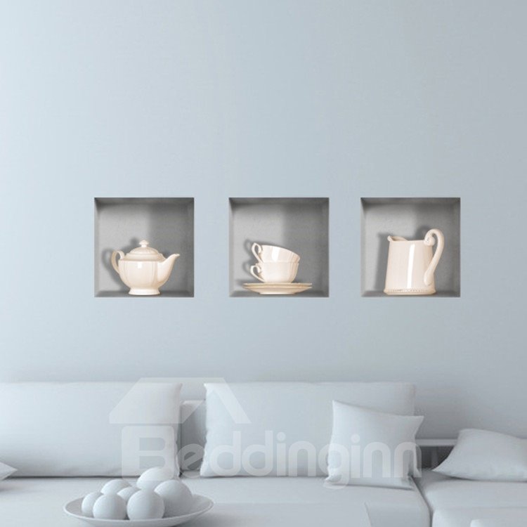 Pegatinas de pared con patrón de juego de té 3D increíbles de estilo simple