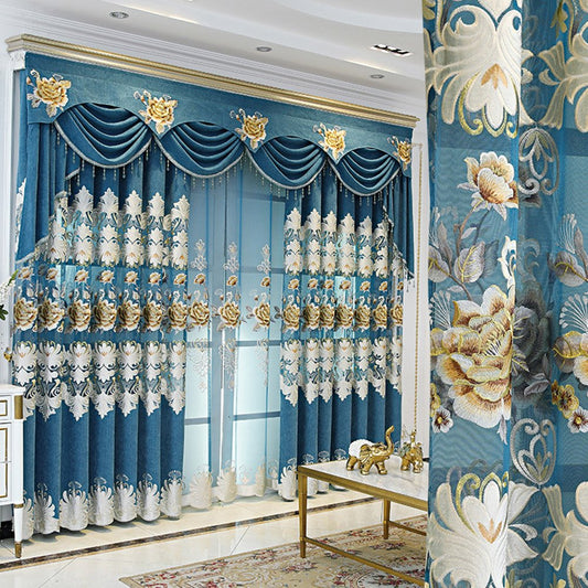 European Blue Embroidery Hollowed-out Shading Curtains for Living Room Bedroom Decoration High-end Floral Curtains Custom 2 Panels Drapes No Pilling No Fading No off-lining Chenille