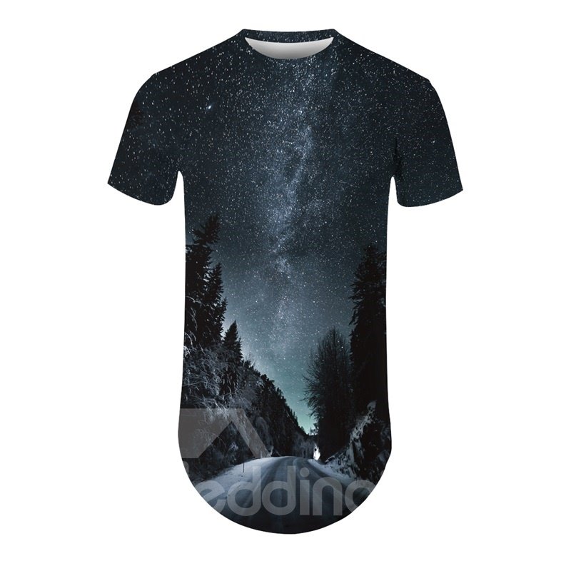 Camiseta moderna pintada en 3D con patrón de cielo estrellado y árboles con cuello redondo 