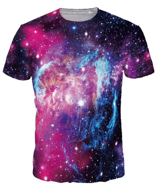 Bright Round Neck Purple Galaxy Pattern 3D Painted T-Shirt