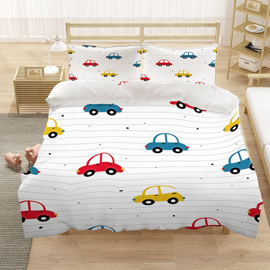 Cartoon-Auto-Bettbezug-Set, 3-teilig, Handwäsche, Polyester-Bettwäsche-Sets, Geschenke für Jungen, Schlafzimmer, Polyester, 2 Kissenbezüge