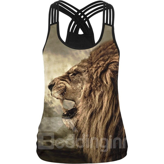 Camiseta sin mangas con cuello redondo y estampado 3D de cara de rugido de león