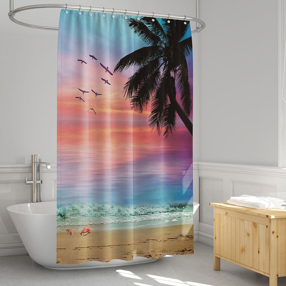 3D Printed Coast Sunset Palm Landscape Shower Curtain Bathroom Partition Curtain Durable Waterproof Mildew Proof Polyester