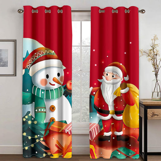 Rote weihnachtliche 3D-Vorhänge mit Weihnachtsmann- und Schneemann-Aufdruck für Wohnzimmer, Schlafzimmer, Fenstervorhänge, 2-teiliges Set 