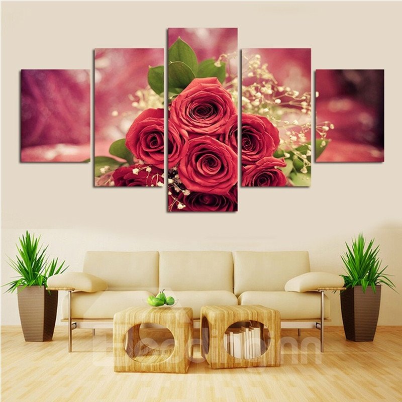 Impresiones de pared sin marco de lienzo de 5 piezas colgantes de rosas rojas