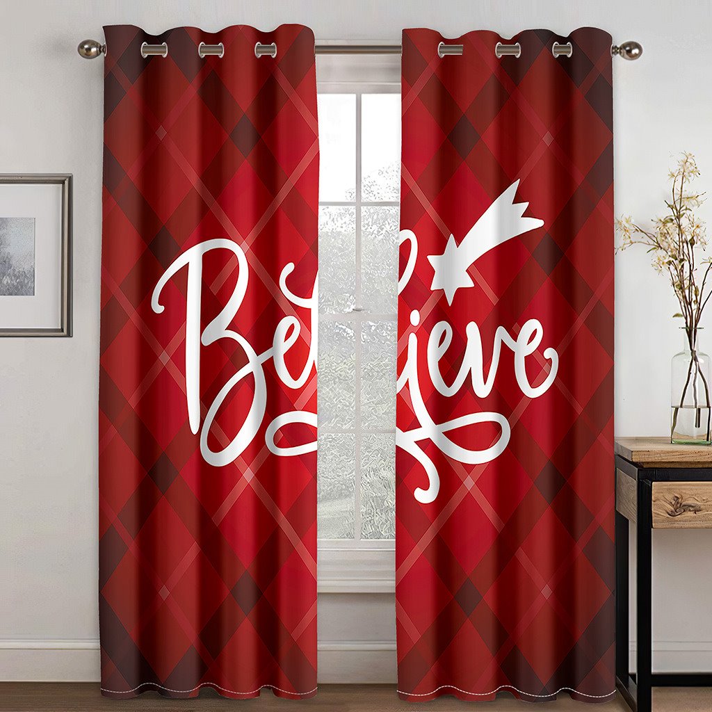 Red Plaid Christmas 3D Blackout Curtains Xmas Grid Print Living Room Bedroom Window Drapes 2 Panel Set