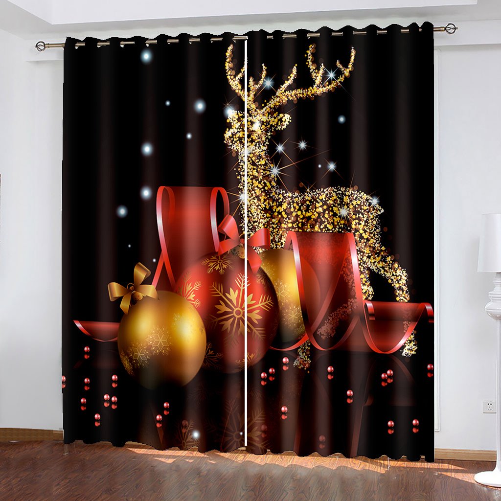 Schwarze 3D-Weihnachtsfenstervorhänge mit goldenem Hirsch- und Kugeldruck, Verdunkelungsvorhänge für Wohnzimmer, Schlafzimmer, Fenstervorhänge, Weihnachten, 2-teiliges Set 