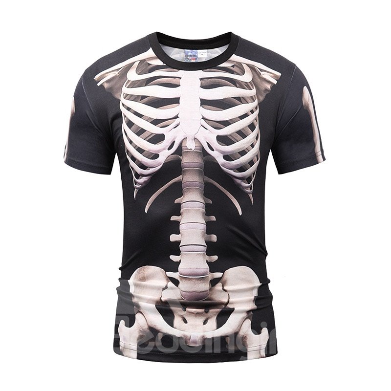 Camisetas 3D de hombre con cuello redondo y deportes de poliéster con estampado de esqueleto negro 