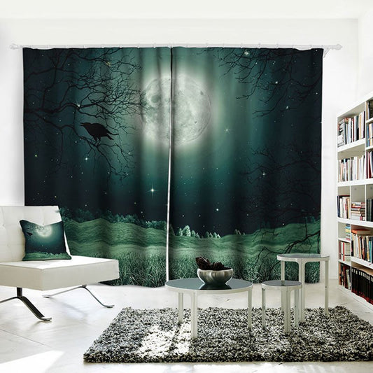 Cortinas Opacas Cortinas De Paisajes 3D Cuervo Luna Brillante Tela De Sombreado Impreso Cortina Personalizada A Prueba De Agua Y Polvo para Sala De Estar Dormitorio Decoración De Ventanas 