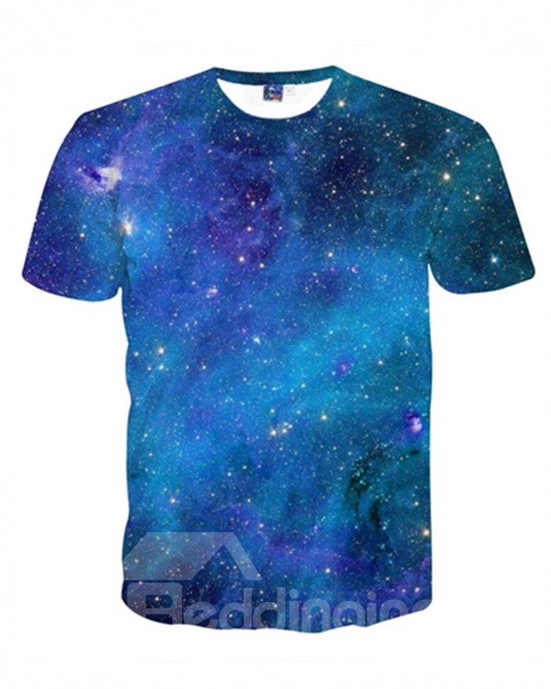 Kurzärmliges blaues Galaxy-Unisex-bedrucktes, lässiges 3D-Muster-T-Shirt