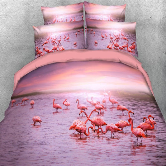 Tropical Bird Theme Bedding, Pink Flamingo Printed 4-Piece Duvet Cover Set