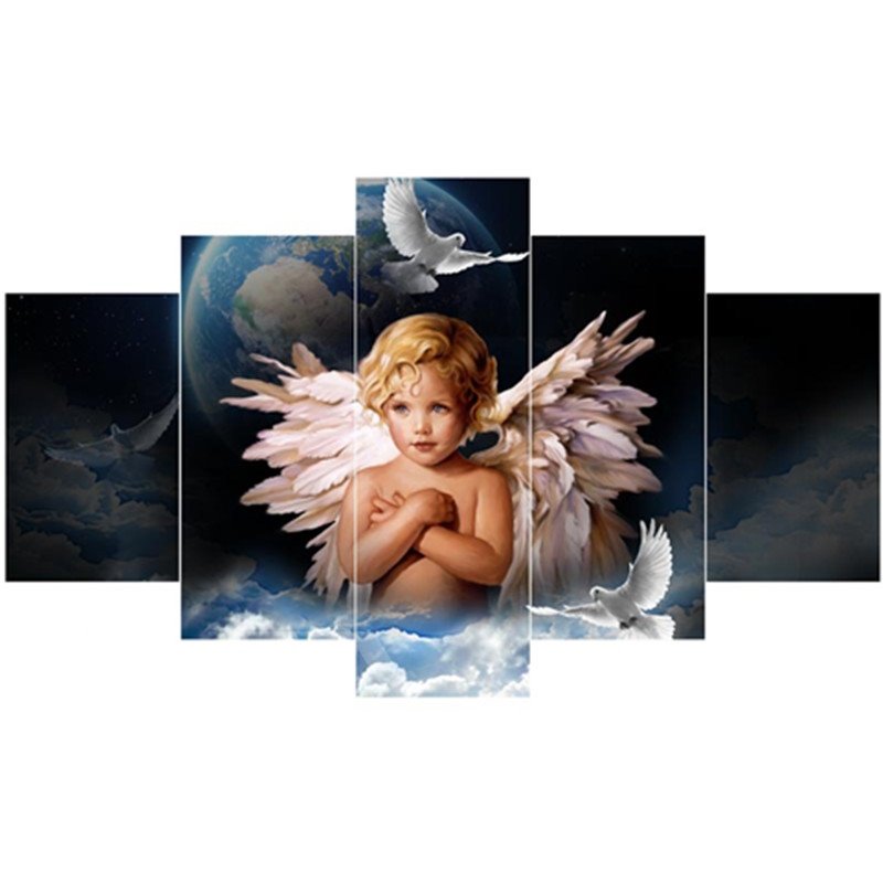 Boy with Wings and Planet Hanging 5-Piece Canvas Eco-friendly and Waterproof Non-framed Prints