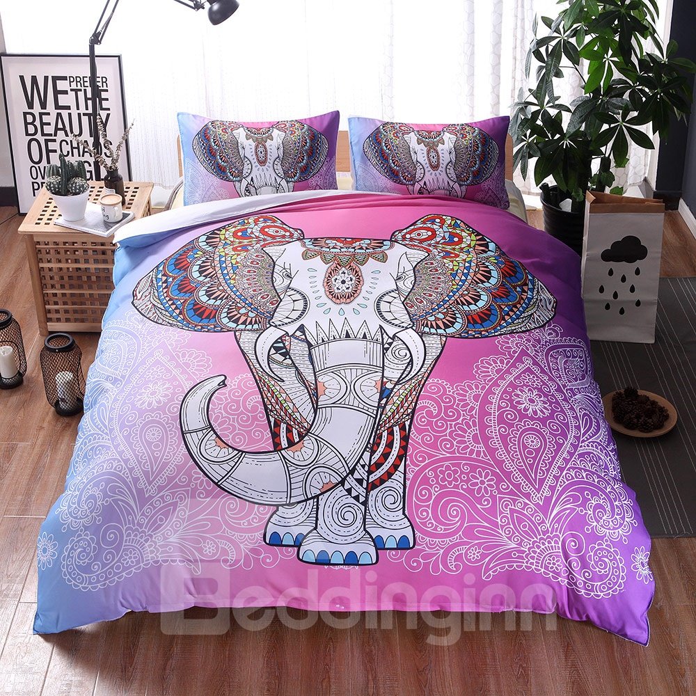 3D Elephant Printed Boho Style Polyester 3-Piece Pink Bedding Sets/Duvet Covers