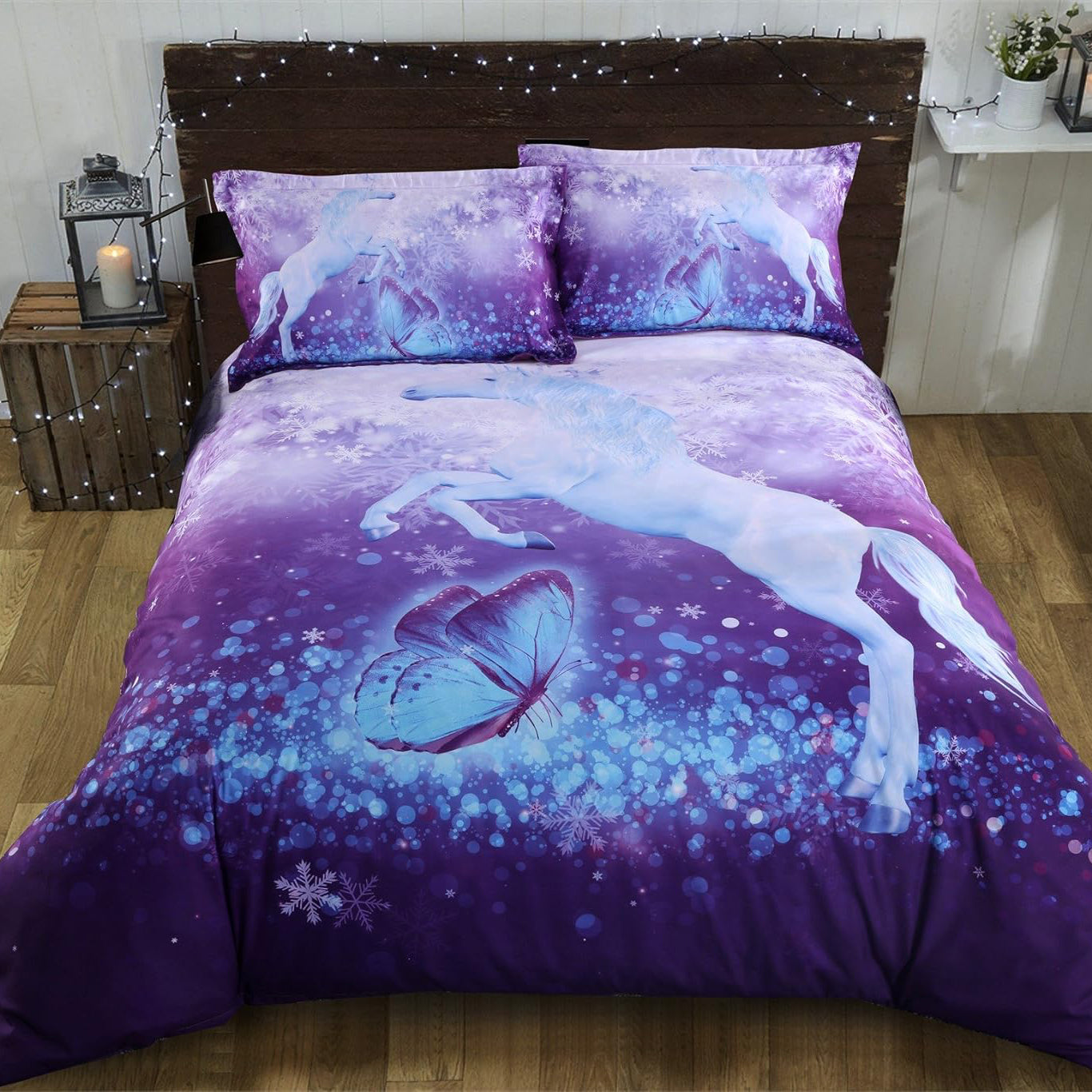 Purple Bedding Set, Jumping Unicorn Printed Purple 4-Piece Duvet Cover Set