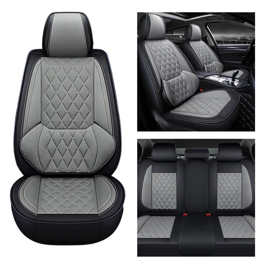 Universal Fit Faux Leather and Linen 5-Seater Car Seat Covers with Diamond Pattern and Integrated Waist Support