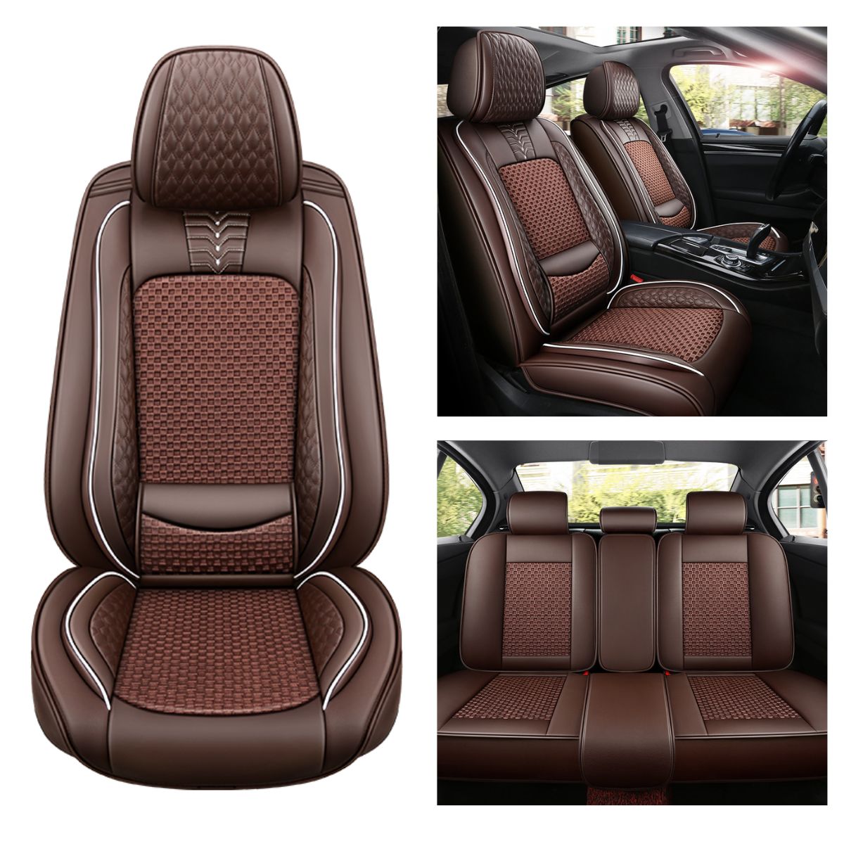 Cooling Fabric and Leatherette Car Seat Covers for 5-Seat Sedan SUV Universal Fit, Checkered Pattern