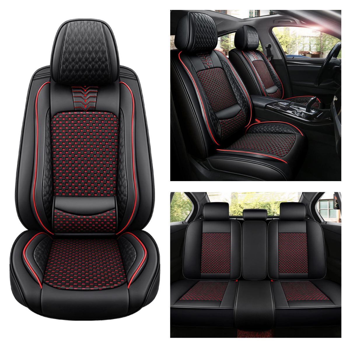 Cooling Fabric and Leatherette Car Seat Covers for 5-Seat Sedan SUV Universal Fit, Checkered Pattern