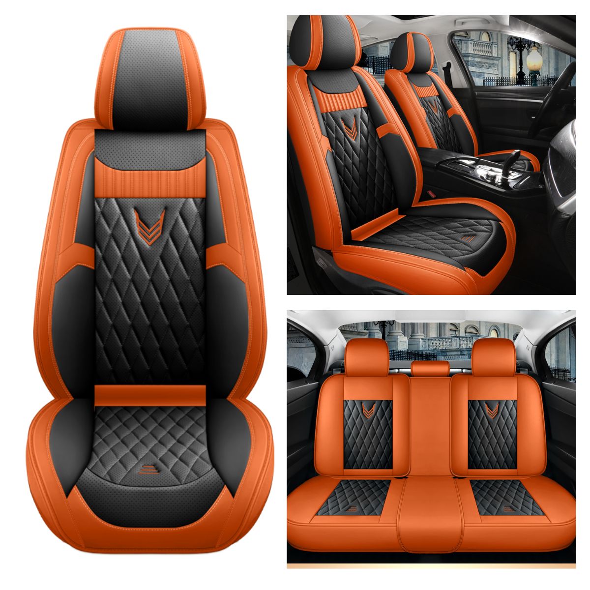 Universal Fit Car Seat Cover Full Set for 5-Seater Sedan SUV Diamond Pattern Faux Leather Cushion Covers