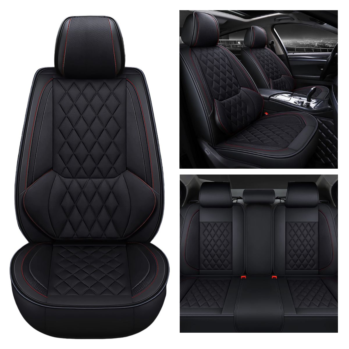 Universal Fit Faux Leather and Linen 5-Seater Car Seat Covers with Diamond Pattern and Integrated Waist Support