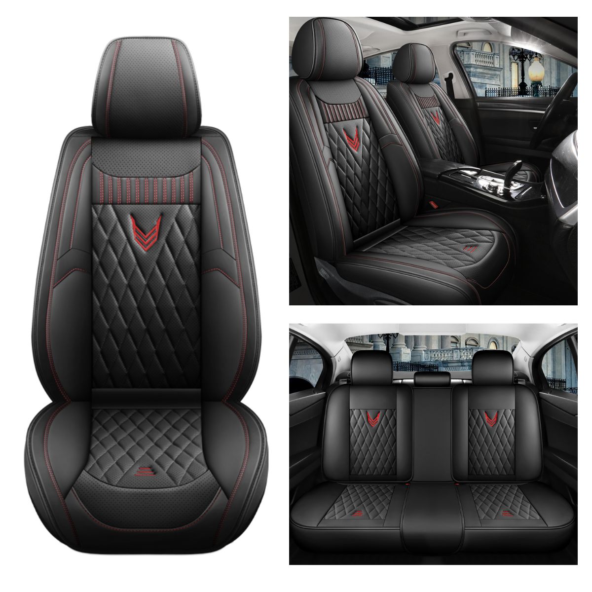 Universal Fit Car Seat Cover Full Set for 5-Seater Sedan SUV Diamond Pattern Faux Leather Cushion Covers