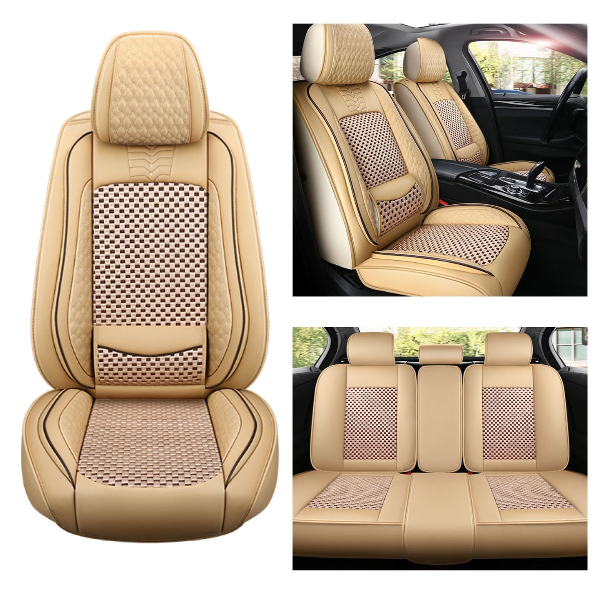 Cooling Fabric and Leatherette Car Seat Covers for 5-Seat Sedan SUV Universal Fit, Checkered Pattern