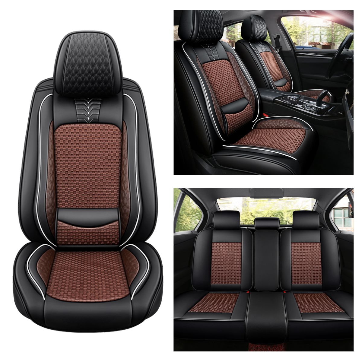 Cooling Fabric and Leatherette Car Seat Covers for 5-Seat Sedan SUV Universal Fit, Checkered Pattern